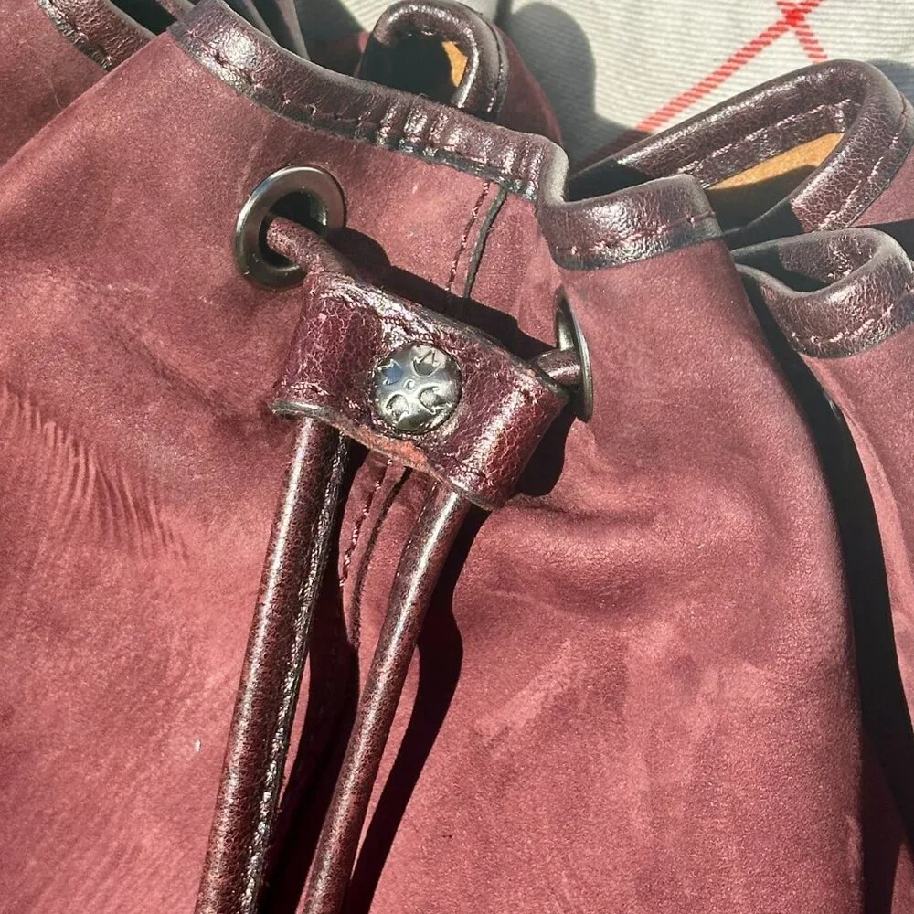 Patricia Nash Melrose Brushed Italian Nubuck Drawstring Bucket Bag Plum Key Fob